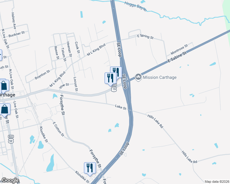 map of restaurants, bars, coffee shops, grocery stores, and more near East Sabine Street in Carthage