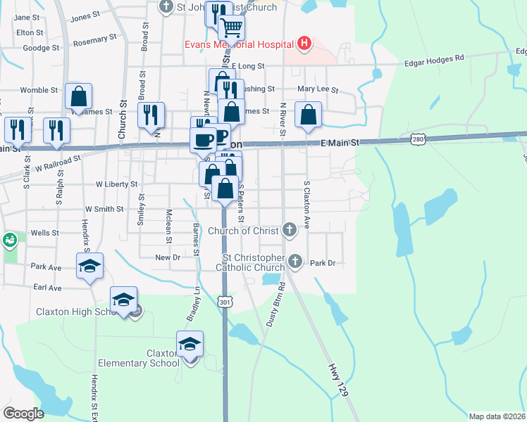 map of restaurants, bars, coffee shops, grocery stores, and more near 200 Anderson Avenue in Claxton