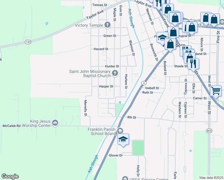map of restaurants, bars, coffee shops, grocery stores, and more near 1600-1698 Maple Street in Winnsboro