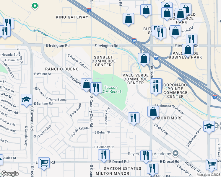 map of restaurants, bars, coffee shops, grocery stores, and more near 5151 South Country Club Road in Tucson
