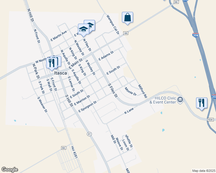 map of restaurants, bars, coffee shops, grocery stores, and more near 500 South Files Street in Itasca