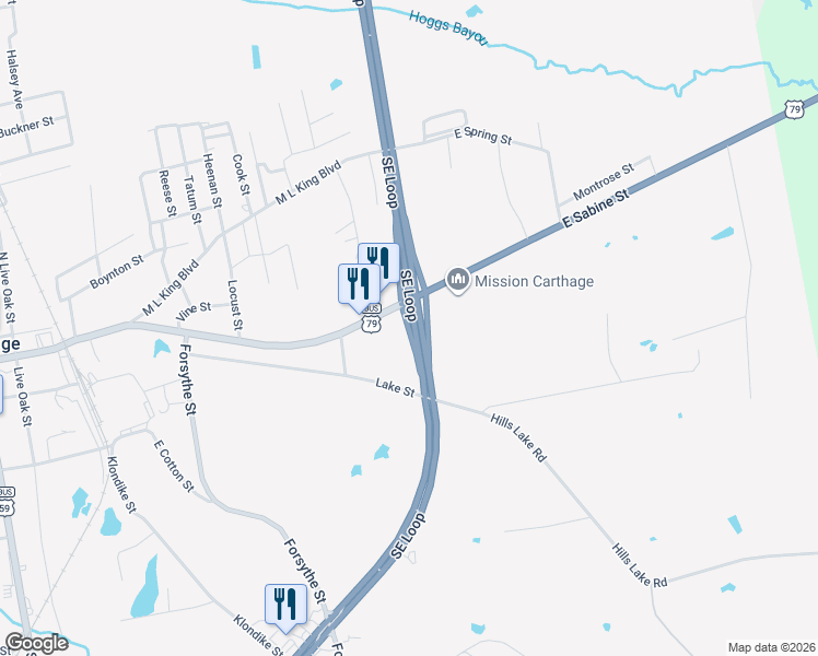 map of restaurants, bars, coffee shops, grocery stores, and more near E Sabine St in Carthage