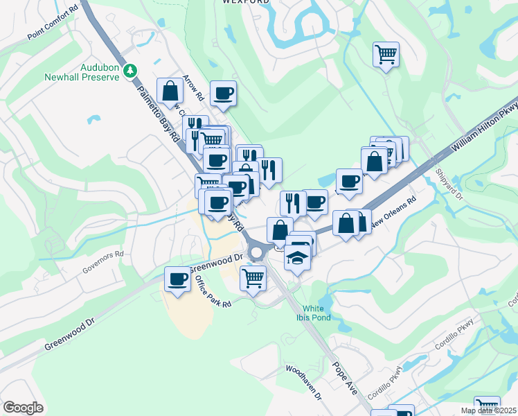 map of restaurants, bars, coffee shops, grocery stores, and more near 2-6 Target Road in Hilton Head Island