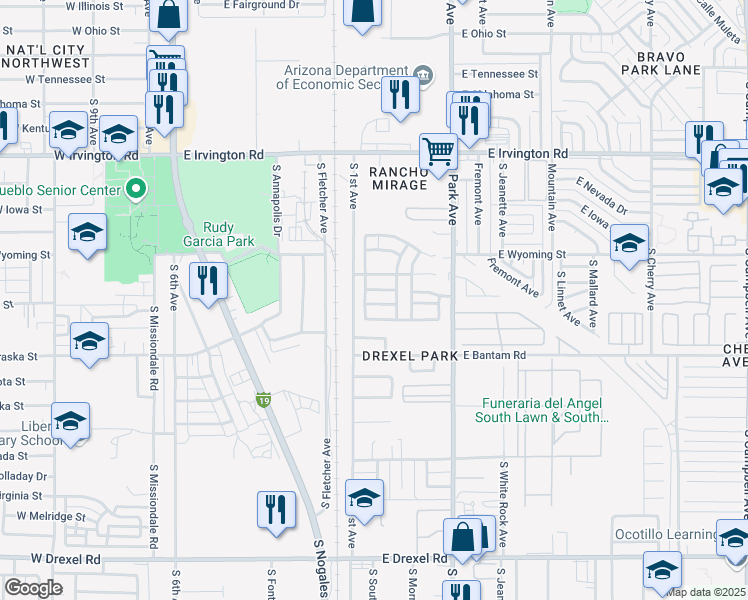 map of restaurants, bars, coffee shops, grocery stores, and more near 763 East Omaet Drive in Tucson