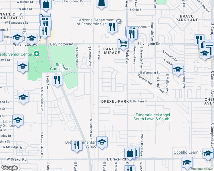 map of restaurants, bars, coffee shops, grocery stores, and more near 789 East Omaet Drive in Tucson