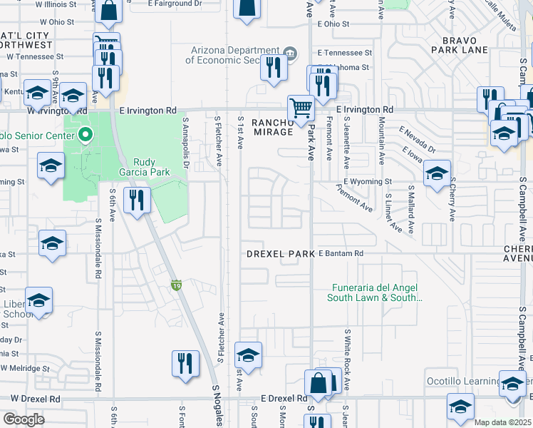 map of restaurants, bars, coffee shops, grocery stores, and more near 817 East Omaet Drive in Tucson