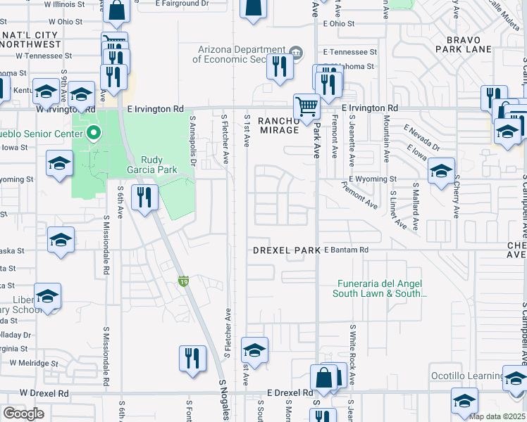 map of restaurants, bars, coffee shops, grocery stores, and more near 771 East Omaet Drive in Tucson