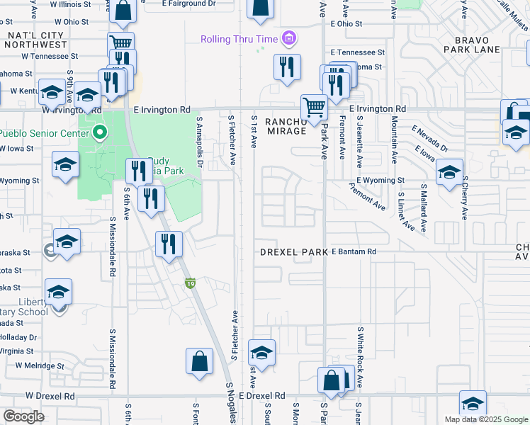 map of restaurants, bars, coffee shops, grocery stores, and more near 745 East Omaet Drive in Tucson