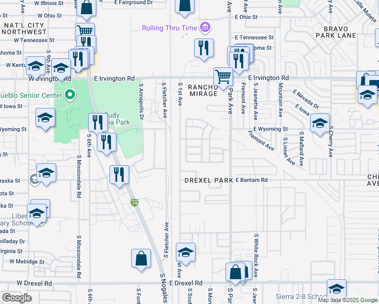 map of restaurants, bars, coffee shops, grocery stores, and more near 753 East Omaet Drive in Tucson