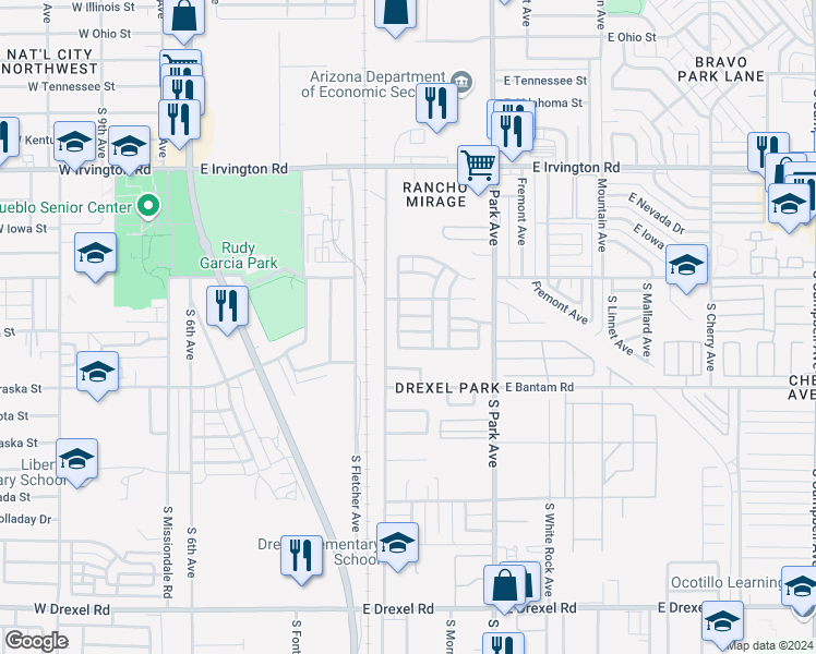 map of restaurants, bars, coffee shops, grocery stores, and more near 763 East Omaet Drive in Tucson