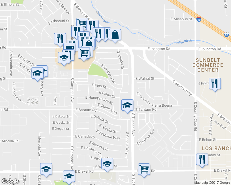 map of restaurants, bars, coffee shops, grocery stores, and more near 5156 South Aleppo Drive in Tucson