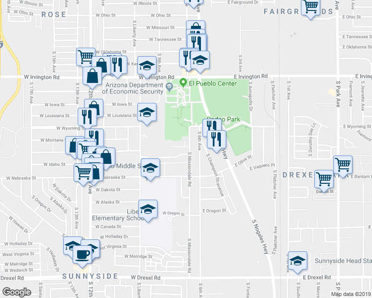 map of restaurants, bars, coffee shops, grocery stores, and more near 154 West Utah Street in Tucson