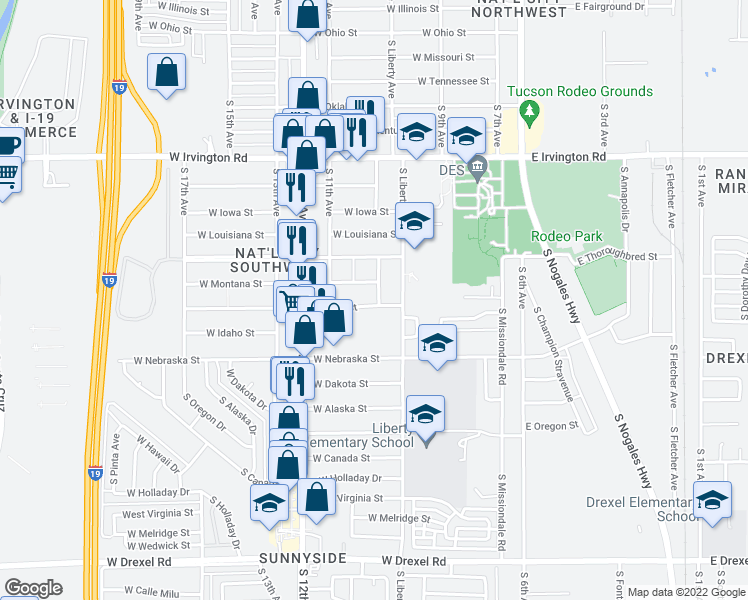 map of restaurants, bars, coffee shops, grocery stores, and more near 402 West Utah Street in Tucson