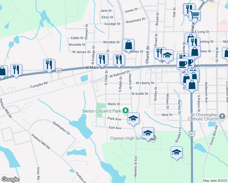 map of restaurants, bars, coffee shops, grocery stores, and more near 605 West Smith Street in Claxton