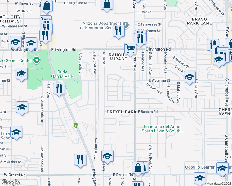 map of restaurants, bars, coffee shops, grocery stores, and more near 824 East Calle Mariachi in Tucson