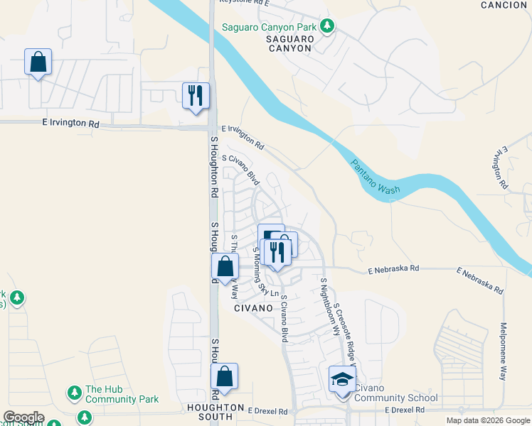 map of restaurants, bars, coffee shops, grocery stores, and more near 10451 East Sixto Molina Lane in Tucson