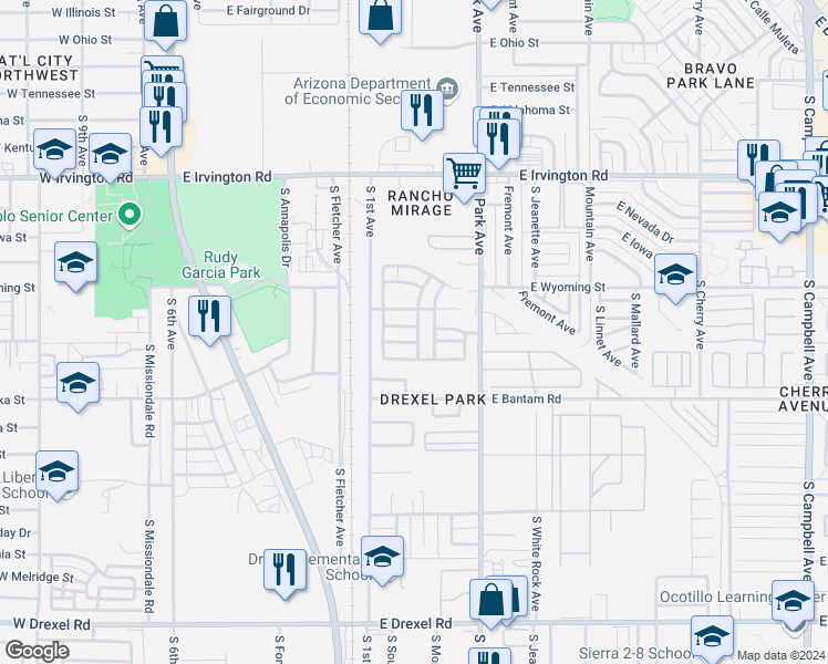 map of restaurants, bars, coffee shops, grocery stores, and more near 824 East Calle Mariachi in Tucson