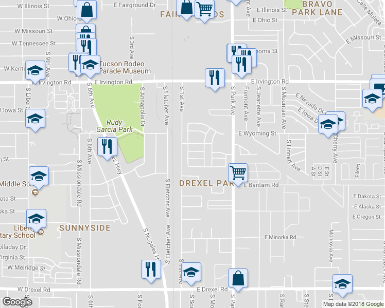 map of restaurants, bars, coffee shops, grocery stores, and more near 762 East Calle Mariachi in Tucson