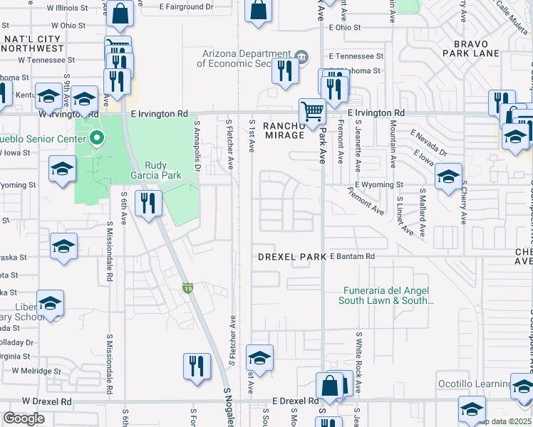 map of restaurants, bars, coffee shops, grocery stores, and more near 762 East Calle Mariachi in Tucson