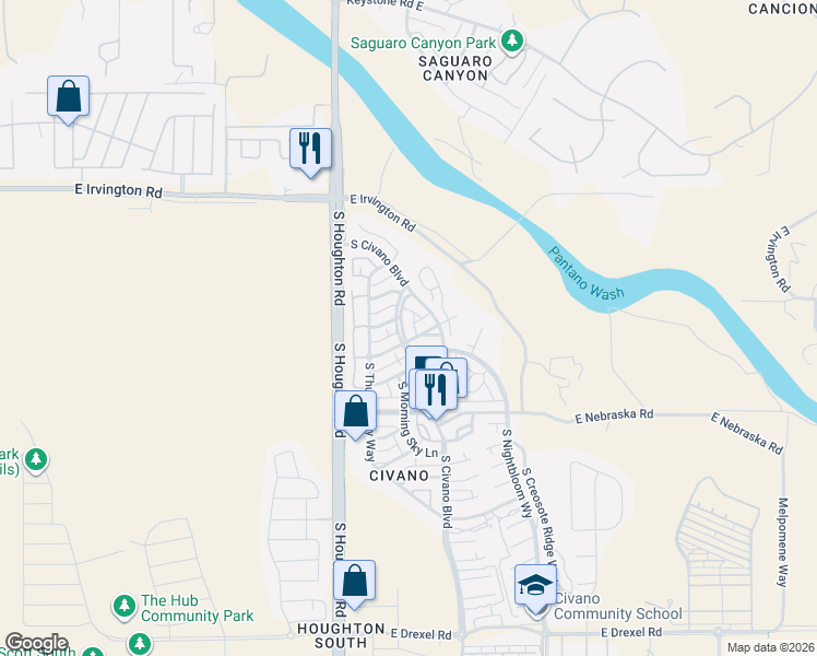 map of restaurants, bars, coffee shops, grocery stores, and more near 5128 South Zenith Way in Tucson