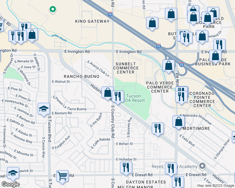 map of restaurants, bars, coffee shops, grocery stores, and more near 5151 South Country Club Road in Tucson