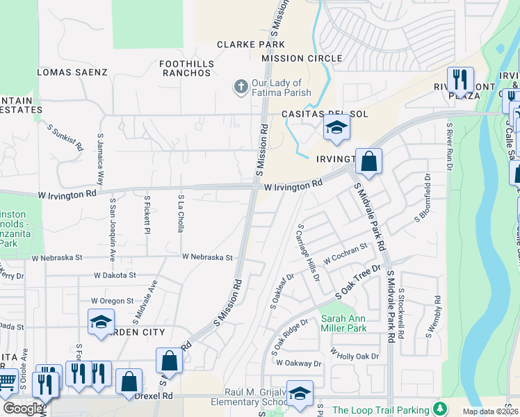 map of restaurants, bars, coffee shops, grocery stores, and more near 5215 South Mission Road in Tucson