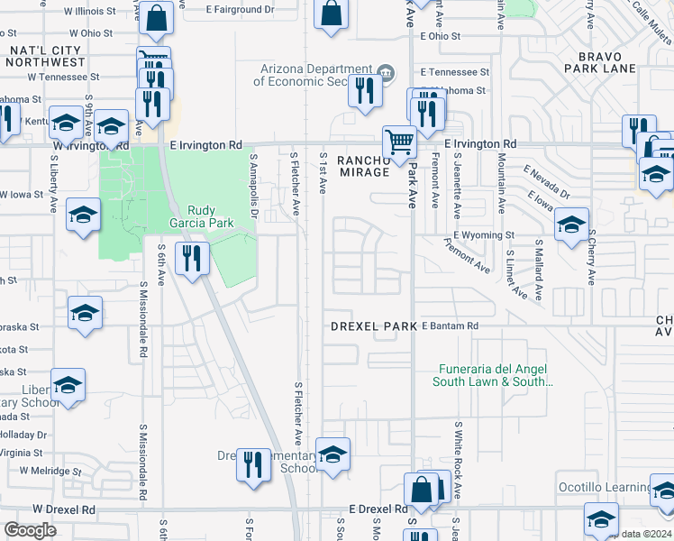 map of restaurants, bars, coffee shops, grocery stores, and more near 744 East Calle Mariachi in Tucson