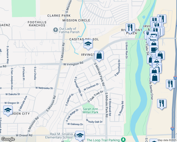 map of restaurants, bars, coffee shops, grocery stores, and more near 5135 South Lavender Fields Lane in Tucson