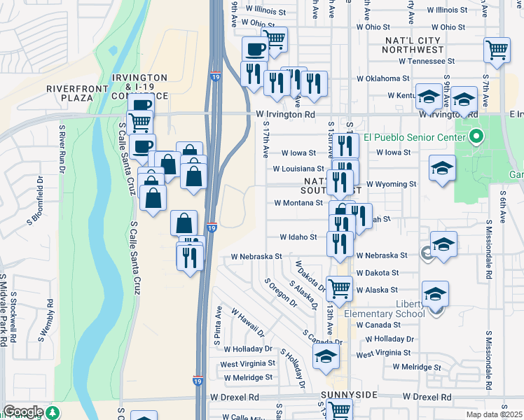 map of restaurants, bars, coffee shops, grocery stores, and more near 5158 South 17th Avenue in Tucson