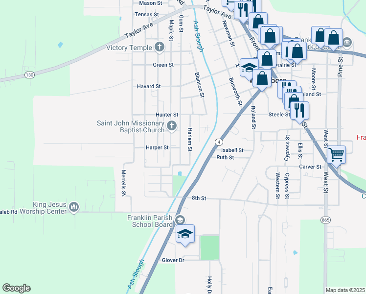 map of restaurants, bars, coffee shops, grocery stores, and more near 1501-1699 Gum Street in Winnsboro