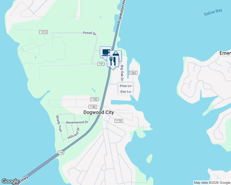 map of restaurants, bars, coffee shops, grocery stores, and more near 22137 Texas 155 in Flint