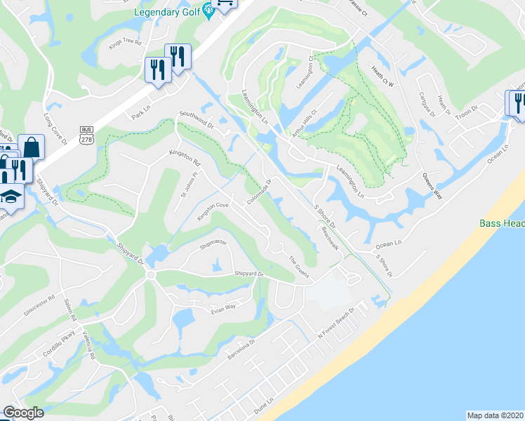 map of restaurants, bars, coffee shops, grocery stores, and more near 69 Kingston Dunes Road in Hilton Head Island