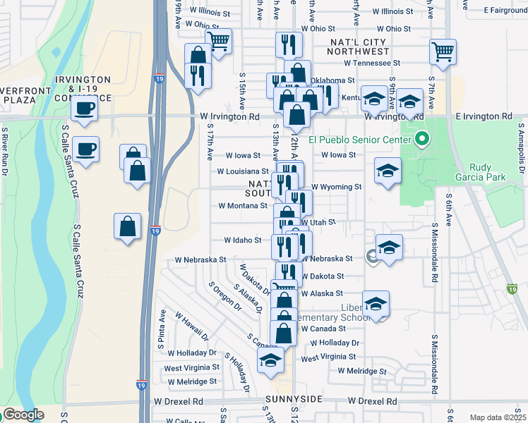 map of restaurants, bars, coffee shops, grocery stores, and more near 719 West Montana Street in Tucson