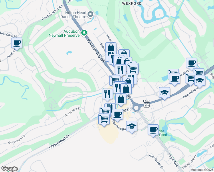 map of restaurants, bars, coffee shops, grocery stores, and more near 1 Beaver Lane in Hilton Head Island