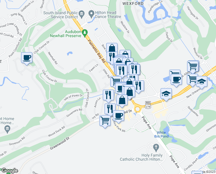 map of restaurants, bars, coffee shops, grocery stores, and more near 32 Otter Road in Hilton Head Island