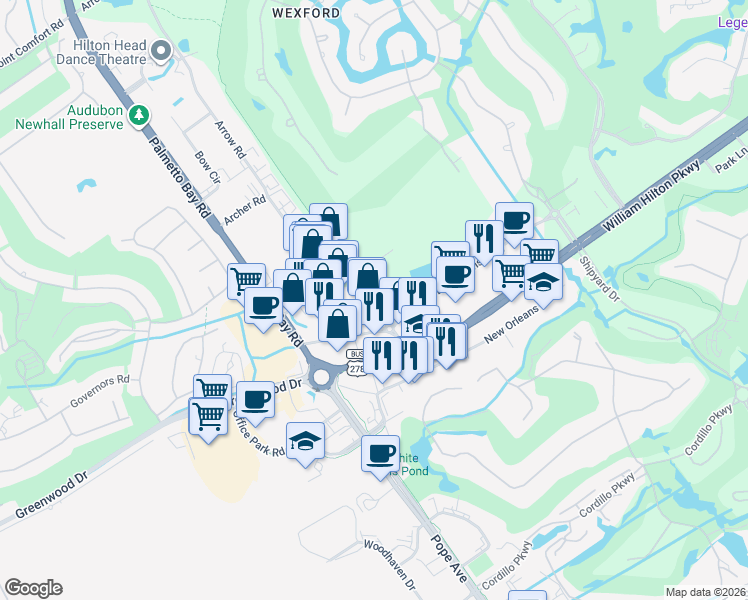 map of restaurants, bars, coffee shops, grocery stores, and more near 139 Arrow Road in Hilton Head Island
