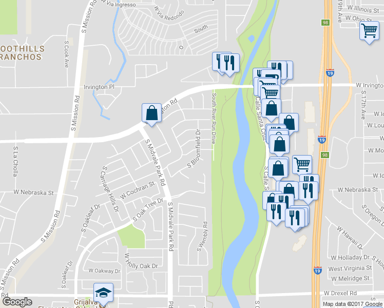 map of restaurants, bars, coffee shops, grocery stores, and more near 1497 West Locke Drive in Tucson