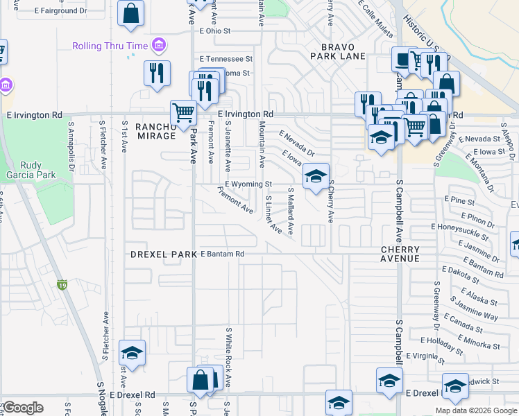 map of restaurants, bars, coffee shops, grocery stores, and more near 5175 Mountain Avenue in Tucson