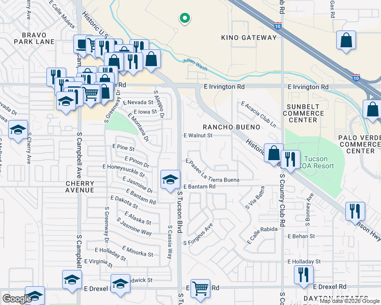 map of restaurants, bars, coffee shops, grocery stores, and more near 2542 East Via Sol Caliente in Tucson