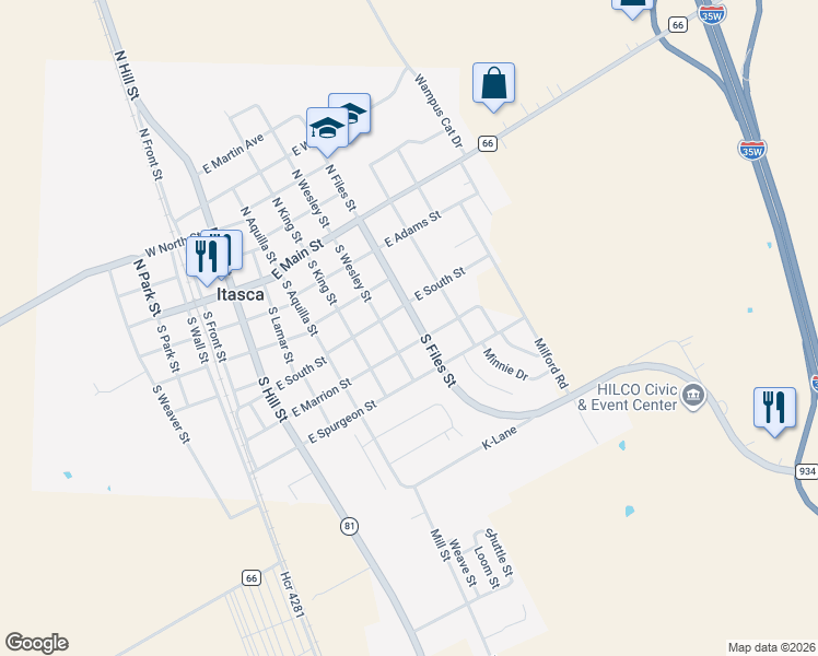 map of restaurants, bars, coffee shops, grocery stores, and more near 404 South Files Street in Itasca