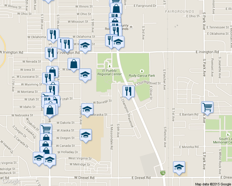map of restaurants, bars, coffee shops, grocery stores, and more near 5138 South 6th Avenue in Tucson