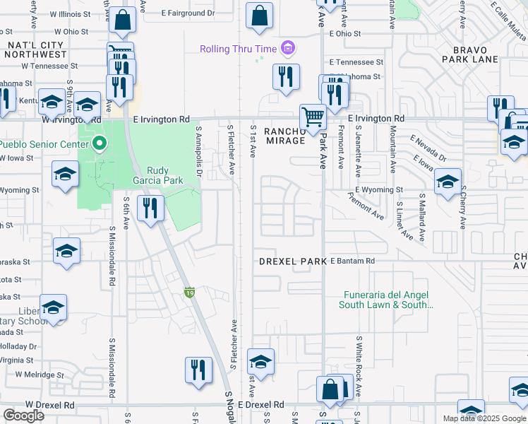 map of restaurants, bars, coffee shops, grocery stores, and more near 743 East Calle Mariachi in Tucson