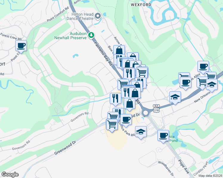 map of restaurants, bars, coffee shops, grocery stores, and more near 1 Beaver Lane in Hilton Head Island
