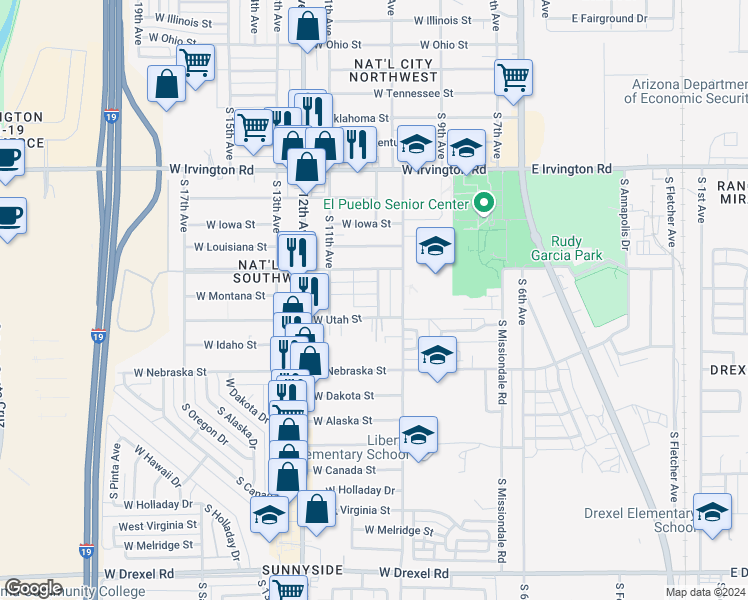 map of restaurants, bars, coffee shops, grocery stores, and more near 401 West Montana Street in Tucson