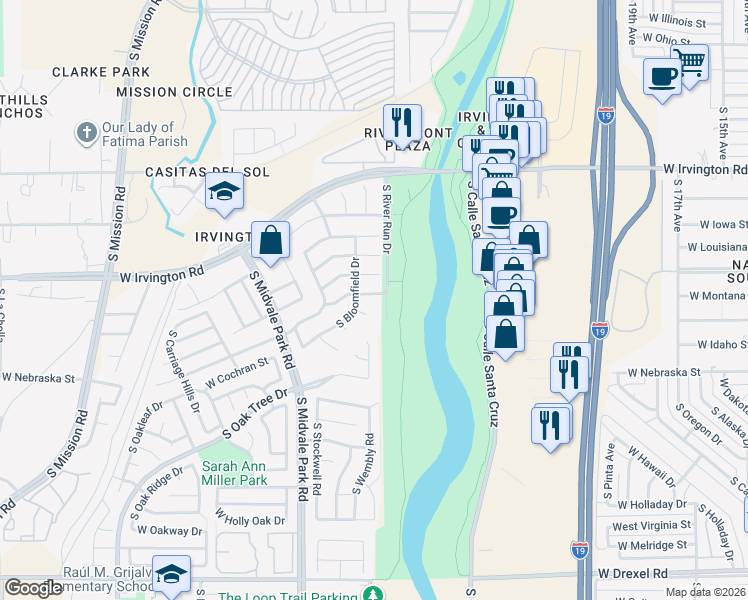 map of restaurants, bars, coffee shops, grocery stores, and more near 5136 South River Run Drive in Tucson