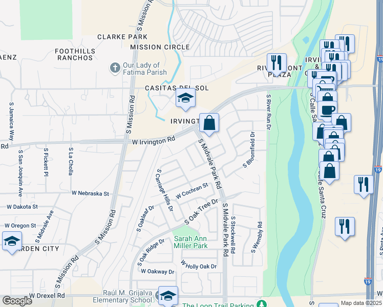 map of restaurants, bars, coffee shops, grocery stores, and more near 5135 South Lavender Fields Lane in Tucson