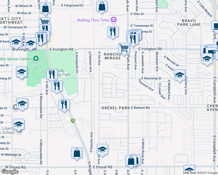 map of restaurants, bars, coffee shops, grocery stores, and more near 805 East Calle Mariachi in Tucson