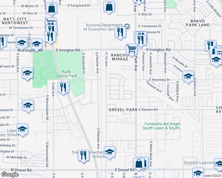 map of restaurants, bars, coffee shops, grocery stores, and more near 743 East Calle Mariachi in Tucson