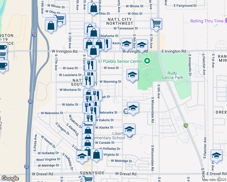 map of restaurants, bars, coffee shops, grocery stores, and more near 401 West Montana Street in Tucson