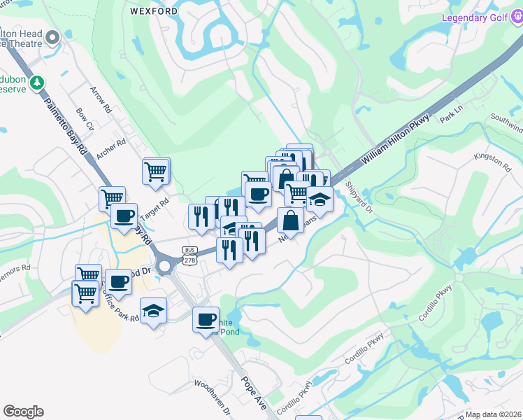 map of restaurants, bars, coffee shops, grocery stores, and more near 1010 William Hilton Parkway in Hilton Head Island